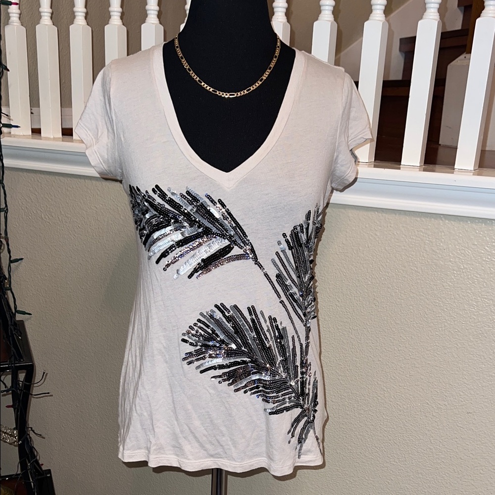 Express V-Neck Sequin Tee - White and Silver